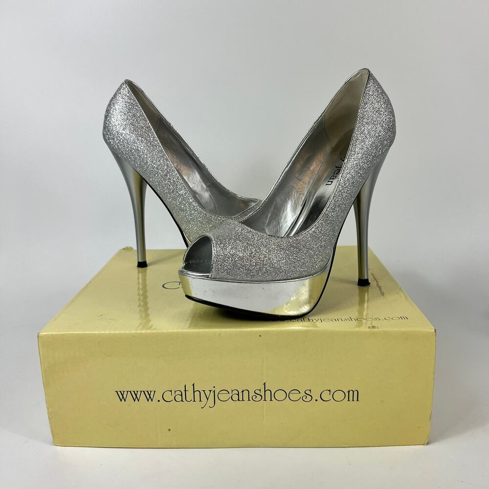 Cathy Jean Womens Sz6.5 High Heels Silver Platform Pumps Glitter Formal Stiletto